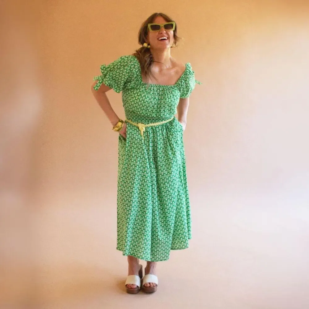 Green Printed Off-Shoulder Midi Dress | Smocked Waist Boho Dress - Picture 5 of 5